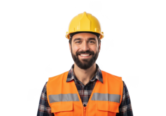Smiling construction worker wearing a yellow hard hat and orange safety vest isolated on transparent background