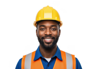 Smiling construction worker wearing a yellow hard hat and orange high visibility vest isolated on transparent background