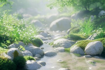 Clear mountain stream with smooth stones and fresh water