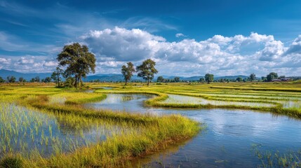 Fototapeta premium Sunlit Rice Field in Laos: Vibrant Agriculture Under a Clear Blue Sky