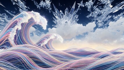 Fototapeta premium Abstract Colorful Waves Crashing Under Crystal Formations in a Dreamlike Sky