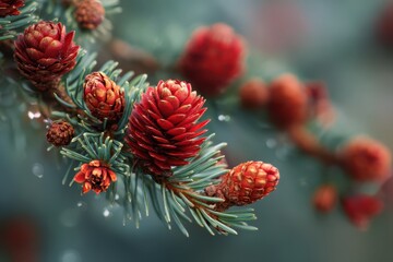 Joyful Festive Season: Cheerful Red Holiday Design with Evergreen Trees and Pine Cones