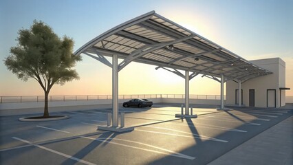 A solar panel canopy over parking bay with a car