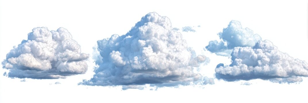 Three-Dimensional Fluffy Cloud Renderings on Crisp White Background: A Collection of Cumulus Sky Elements