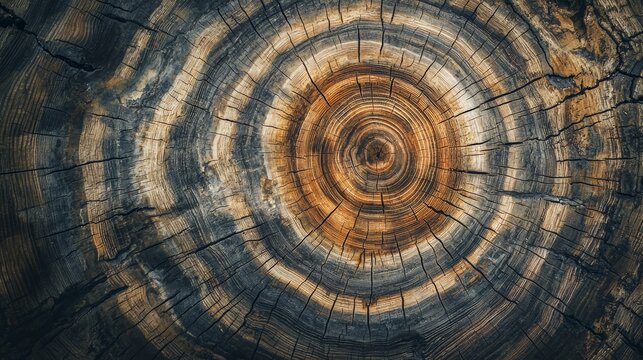 Textured cross-section of an aged tree trunk showcasing natural patterns in the wood around the rings