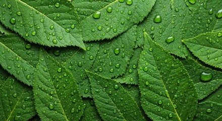 Fresh green leaves with water droplets in nature close-up