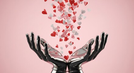 A pair of metallic hands releasing hundreds of tiny paper hearts into the air, isolated on a pastel pink background.