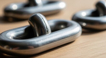 Closeup of metallic shackles on wooden surface