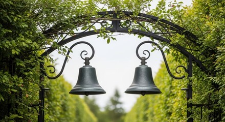 Elegant garden entrance with twin bells and lush greenery