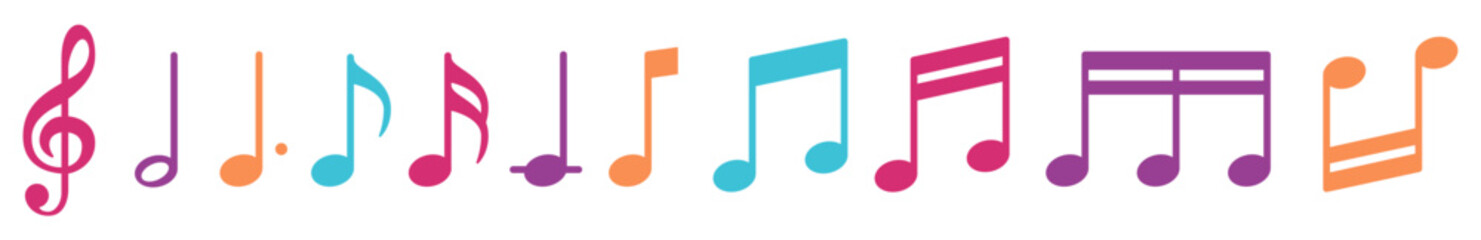 Set of color musical notes in a clean minimalist style, isolated on transparent background. Vector illustration suitable for music design, education, icons, and creative projects
