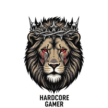 Lion with mane made of dripping black ink and red eyes, white background