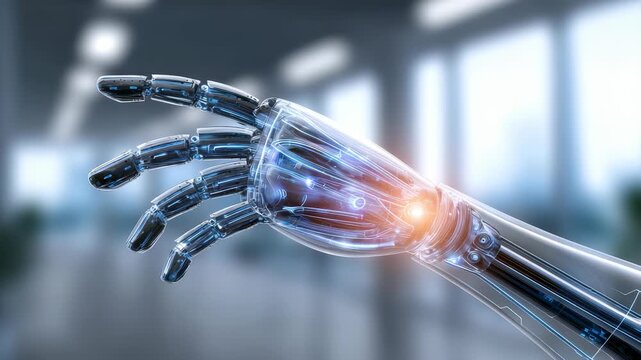 Close up of a high tech robotic hand with glowing circuits, symbolizing the future of AI and robotics in the workplace. The image highlights progress in automation and smart technology integration