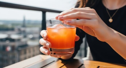 Young caucasian female enjoying refreshing orange drink on rooftop