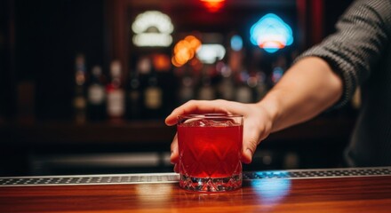 Young caucasian male bartender serving refreshing red cocktail in lively bar setting