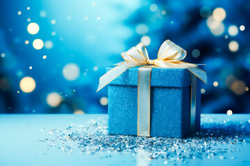 Shimmering blue gift box with ribbon on table with blurred lights in background during festive season