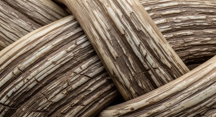 Close-up of intertwined wooden ropes with detailed texture and organic patterns