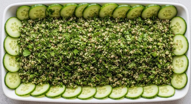 Fresh tabbouleh salad with quinoa, parsley, and cucumber slices in a white dish