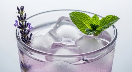 Refreshing lavender mint drink with ice cubes in glass