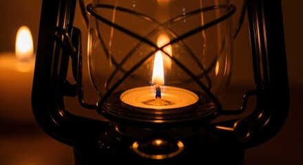 Vintage lantern with burning candle in dimly lit rustic setting