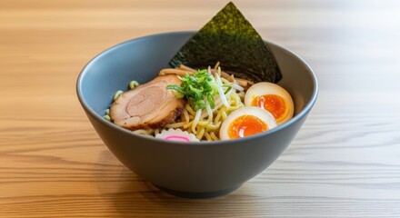 Delicious ramen bowl featuring pork, egg, and seaweed garnish