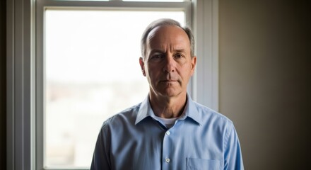 Mature caucasian male in blue shirt standing by window