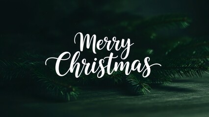 Obraz premium White merry Christmas text on dark green fir tree branches. Festive holiday greeting for season celebration and winter cards.