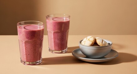 Refreshing mixed berry smoothies and delicious ladyfingers on a beige background