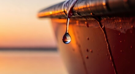 Close-up of water droplet hanging from boat during sunset on calm lake