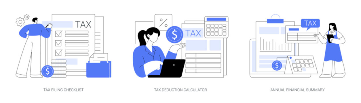 Tax Filing and Deduction Tools abstract concept vector illustrations.