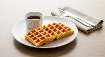 Delicious belgian waffles with syrup on a plate with forks and napkin