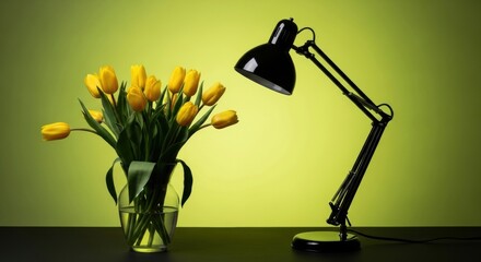 Yellow tulips in vase and black desk lamp on green background