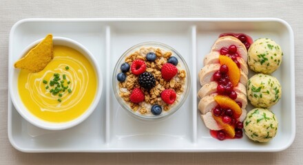 Gourmet platter with cream soup, berry yogurt parfait, chicken with fruit sauce, herb dumplings