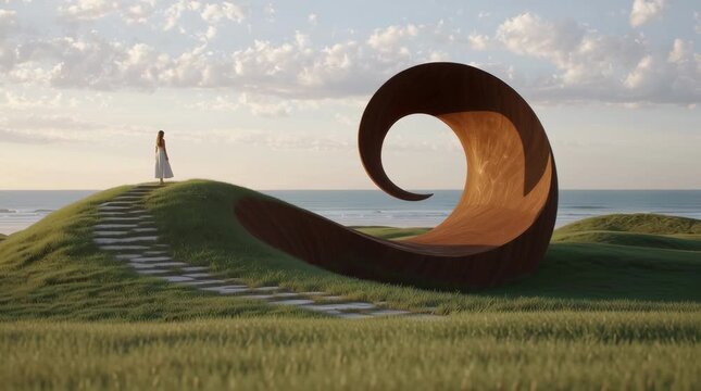 Koru sculpture on a green hill symbolizing new life and growth. A woman in white contemplates the ocean, representing spiritual harmony, inner peace, and the cycle of nature.