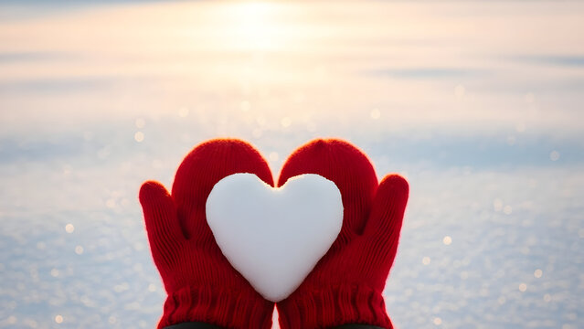 warm-hearted gesture of two hands holding a heart-shaped ice block against a snowy landscape - Powered by Adobe