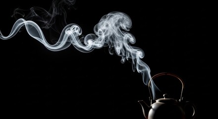 Steam rising from teapot against black background with elegant swirls