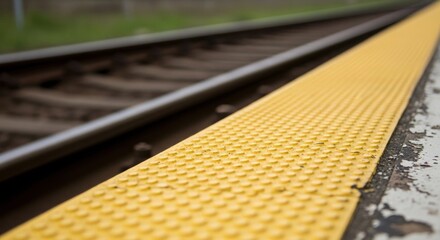 Close-up of yellow tactile paving at train station platform for safety awareness