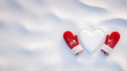 Fototapeta premium Festive holiday scene featuring red mittens and a heart-shaped cookie cutter against a snowy