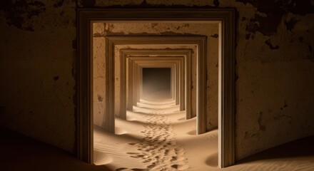 Endless desert corridor with sand-filled doorways in mysterious abandoned building
