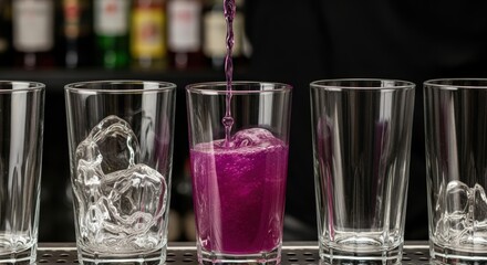 Pouring vibrant purple drink into glass with ice and empty glasses