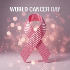 World Cancer Day Awareness Ribbon with Abstract Light Circles