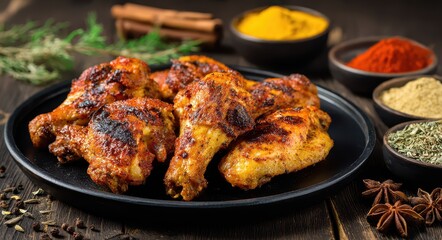 Savory Indian Chicken Delights: Baked Wings and Legs in Honey Mustard Glaze Served on a Black Plate with Rustic Spices