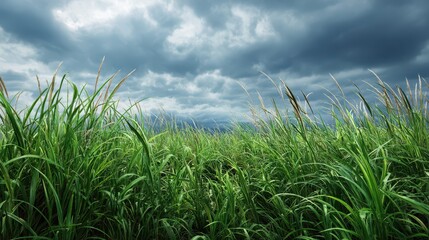 Obraz premium Lush Green Field Under Dramatic Cloudy Sky: A Scenic Idyll of Nature's Beauty and Freshness