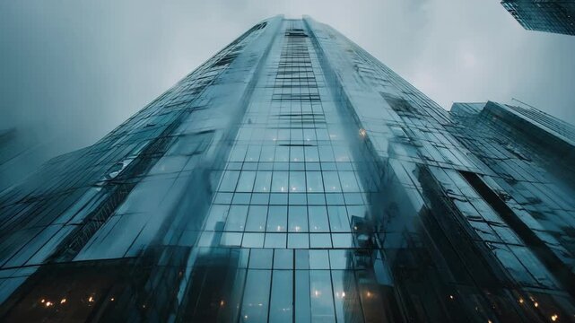 Medium shot of a skyscraper facade with smart coating IoT devices tracking weatherrelated wear and tear for timely repairs
