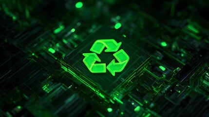 Sustainable technology concept recycling icon on glowing circuit board design