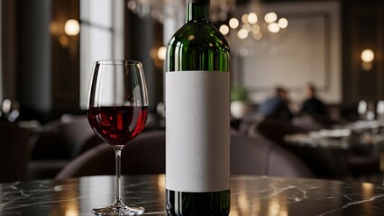 Wine Glass and Green Bottle with Blank Label in Luxurious Interior Mockup