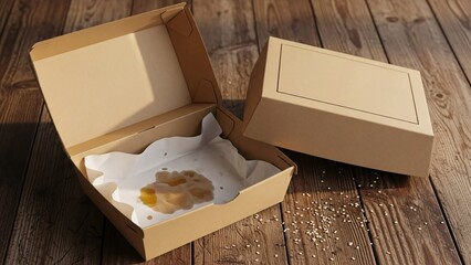 Empty cardboard delivery box with oil stain on rustic wooden table