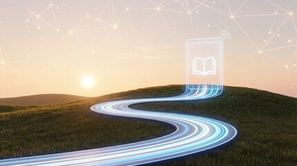 Glowing path on grass hill leads to digital tablet with book icon. Concept represents future online education connectivity. Ideal for technology learning designs.