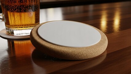 Blank Cork and White Coaster Mockup Next to Beer on Shiny Wooden Bar