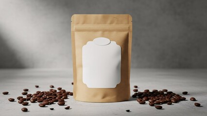 Blank Kraft Coffee Pouch Mockup with Scattered Beans and Label