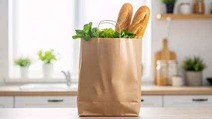 Fresh groceries in a brown paper bag on a bright kitchen counter.